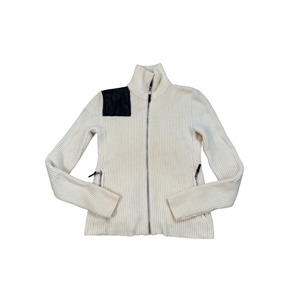 RLX Ralph Lauren Womens Wool Full Zip‎ Ribbed Sweater Cream Leather Patch Small